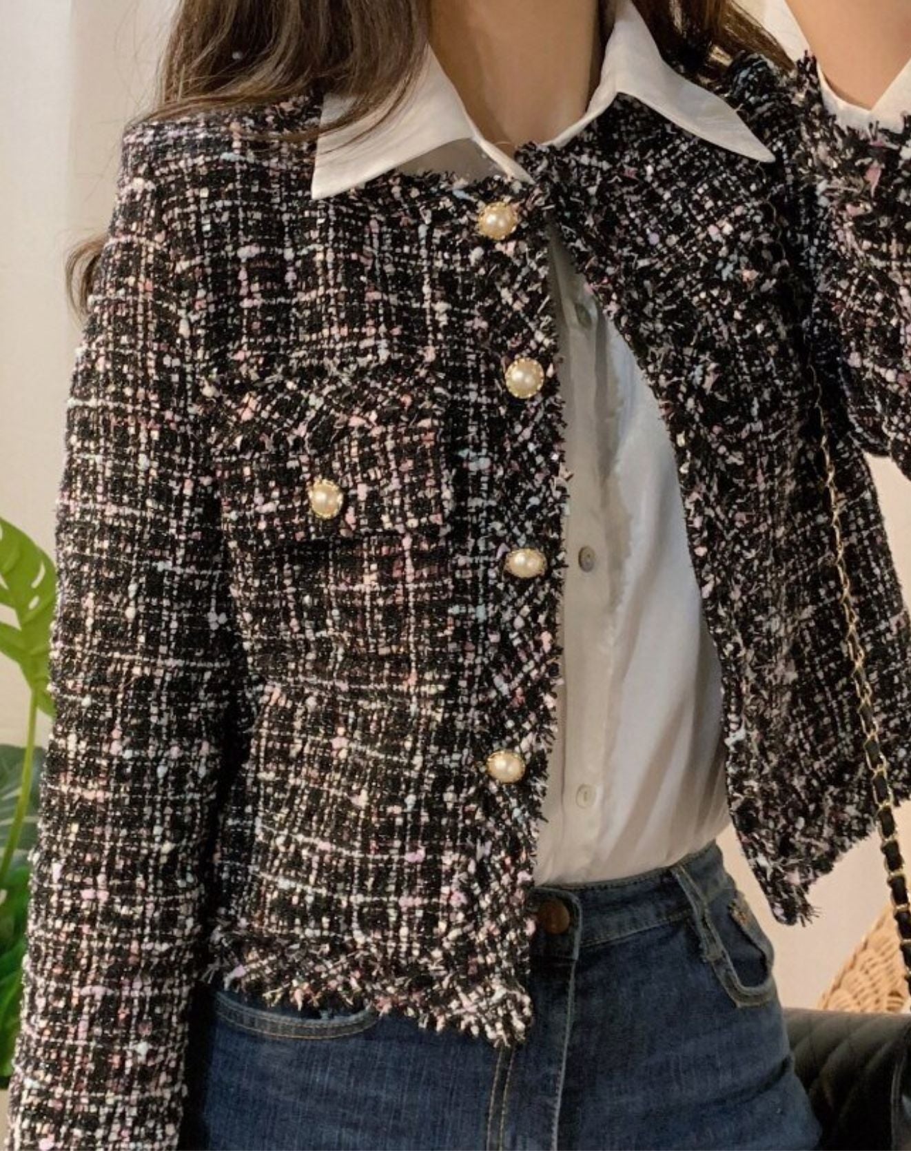 Casaco Star Tweed com Mangas Longas e Botões